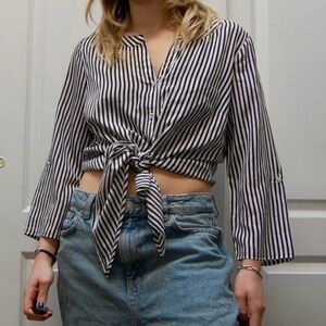 Striped Black and White Tie-Front Blouse